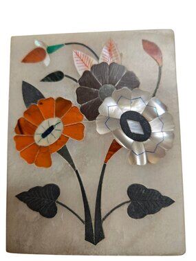 Vintage Pietra Dura Stone Inlay Box Hand Carved Floral Trinket Mother of Pearl